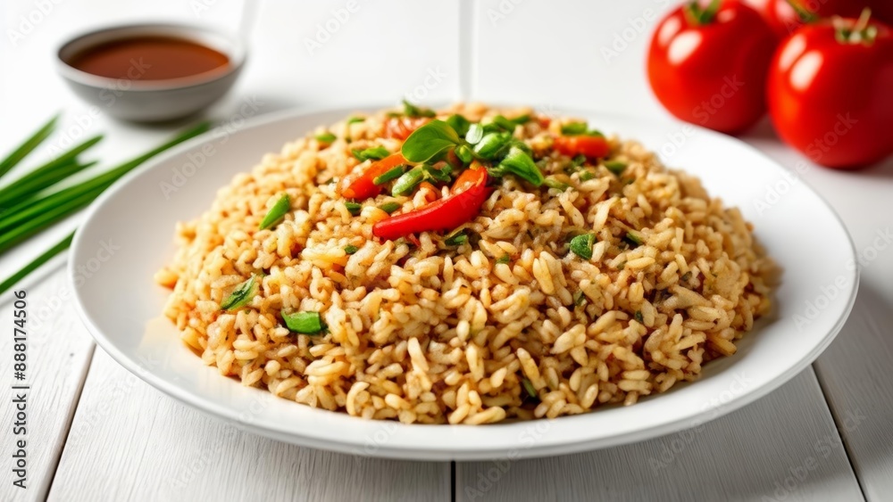 Deliciously seasoned rice with vibrant toppings ready to be savored Deliciously seasoned rice with vibrant toppings ready to be savored