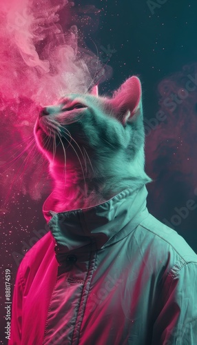 A fluffy kitty sits gracefully in front of a dreamy, abstract background of soft pink and purple hues.