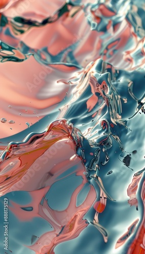 Abstract factory-inspired pattern in Living Coral and Pacific Coast, embodying EchoingEmerald frequency with minimalism and negative space, evoking nostalgia and physiology.