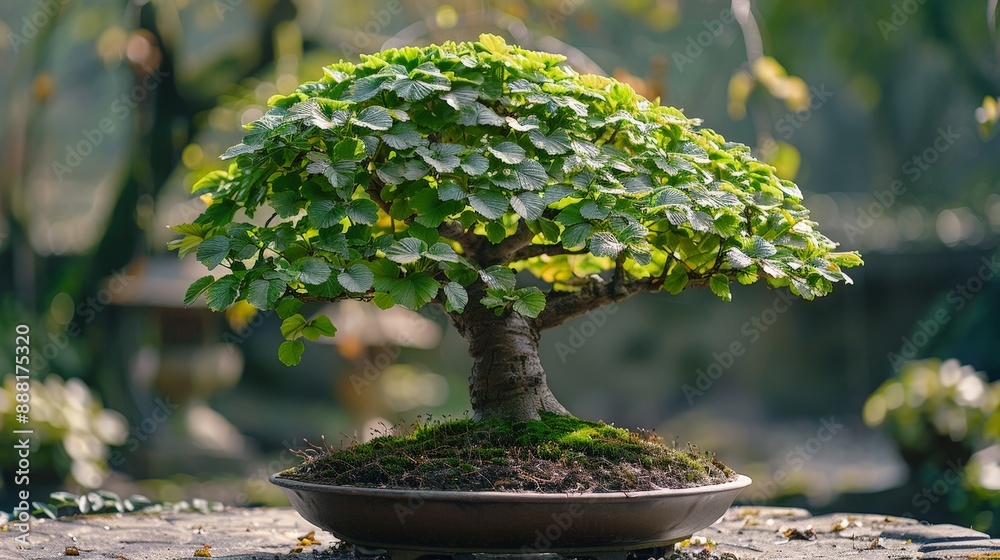 Elegant hornbeam bonsai tree with fresh spring leaves in a lush garden Elegant hornbeam bonsai tree with fresh spring leaves in a lush garden