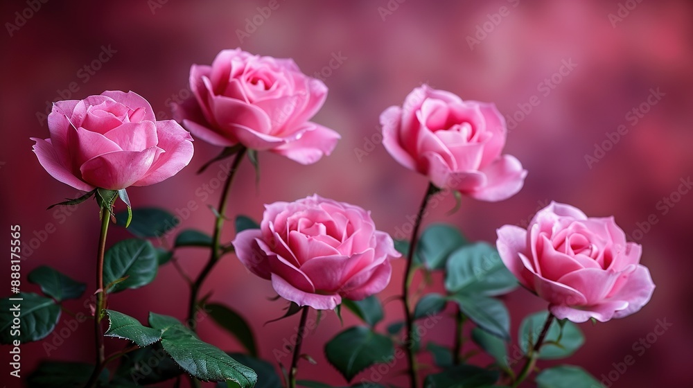 A collection of pink roses perched atop a verdant foliage plant against a backdrop of red and pink hues A collection of pink roses perched atop a verdant foliage plant against a backdrop of red and pink hues