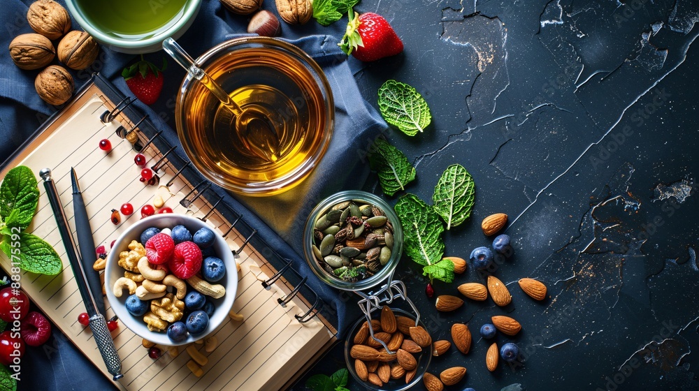 A top-down view of a breakfast table with brain-boosting foods like nuts, berries, and a bottle of supplements, arranged around a journal and a cup of green tea A top-down view of a breakfast table with brain-boosting foods like nuts, berries, and a bottle of supplements, arranged around a journal and a cup of green tea