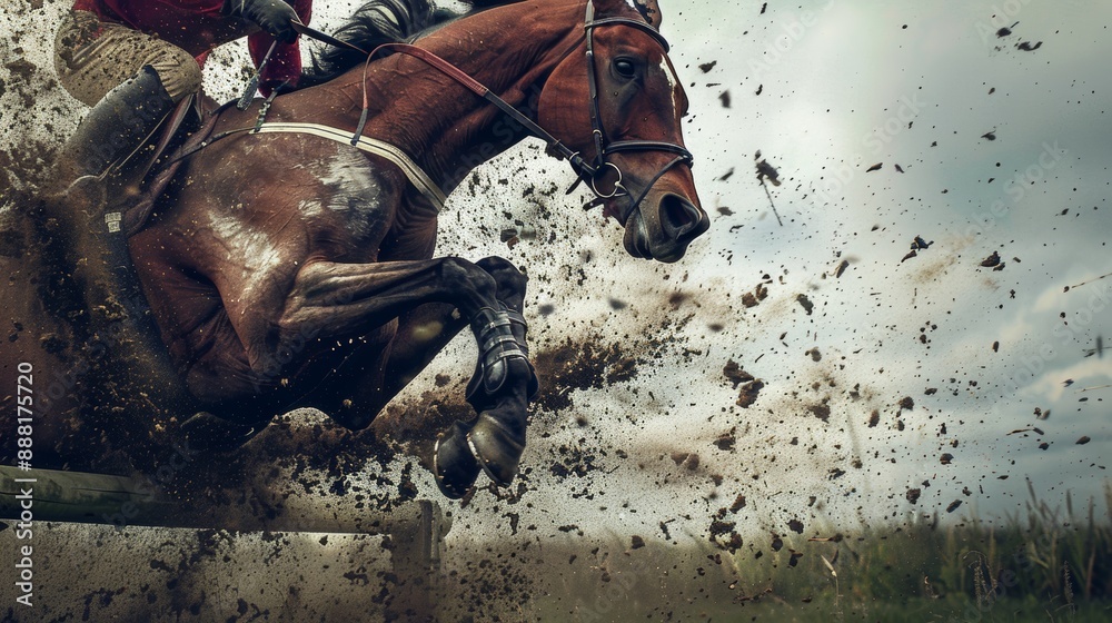 Fototapeta premium Intense Steeplechase Action: Rider and Horse Clearing Hurdle with Flying Dirt, Ideal for Sports Posters
