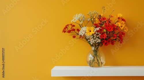 Arrangement of Glorios flowers in a glass vase on a white shelf against a yellow backdrop photo