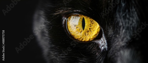 Close-up of a black cat's eye with striking yellow iris, showcasing the detailed texture and intense gaze against a dark background.