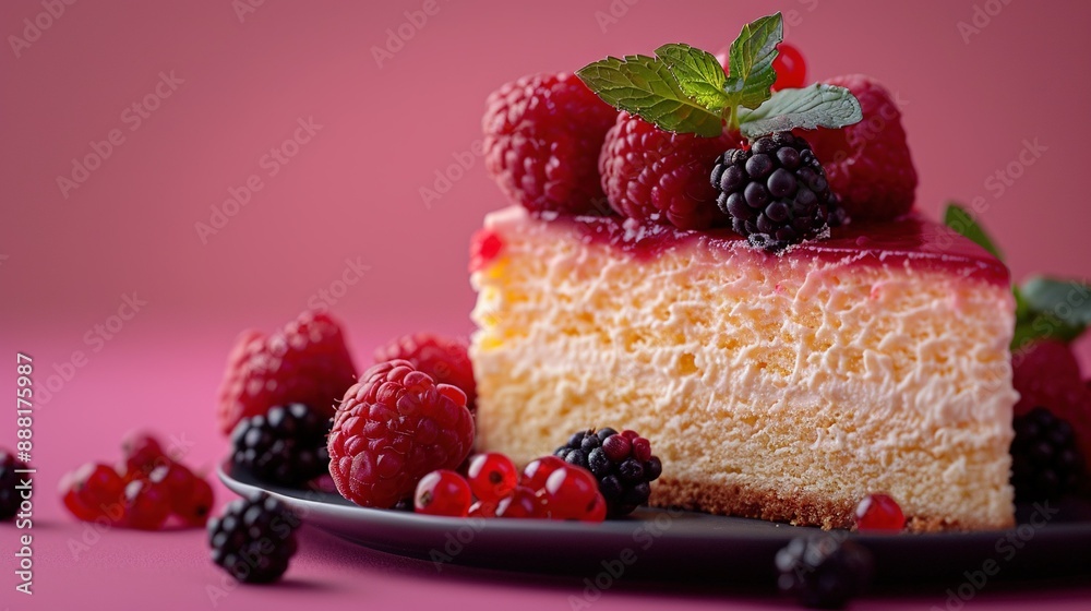 A slice of cake topped with raspberries and blackberries A slice of cake topped with raspberries and blackberries