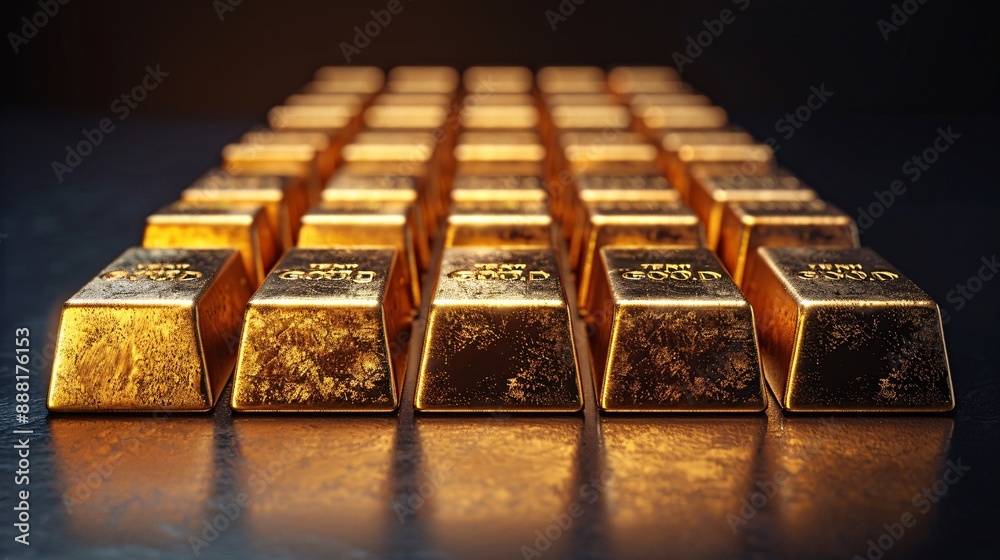 A detailed shot of gold bars arranged in a neat row, reflecting light and creating a sense of luxury and authority against a black surface A detailed shot of gold bars arranged in a neat row, reflecting light and creating a sense of luxury and authority against a black surface