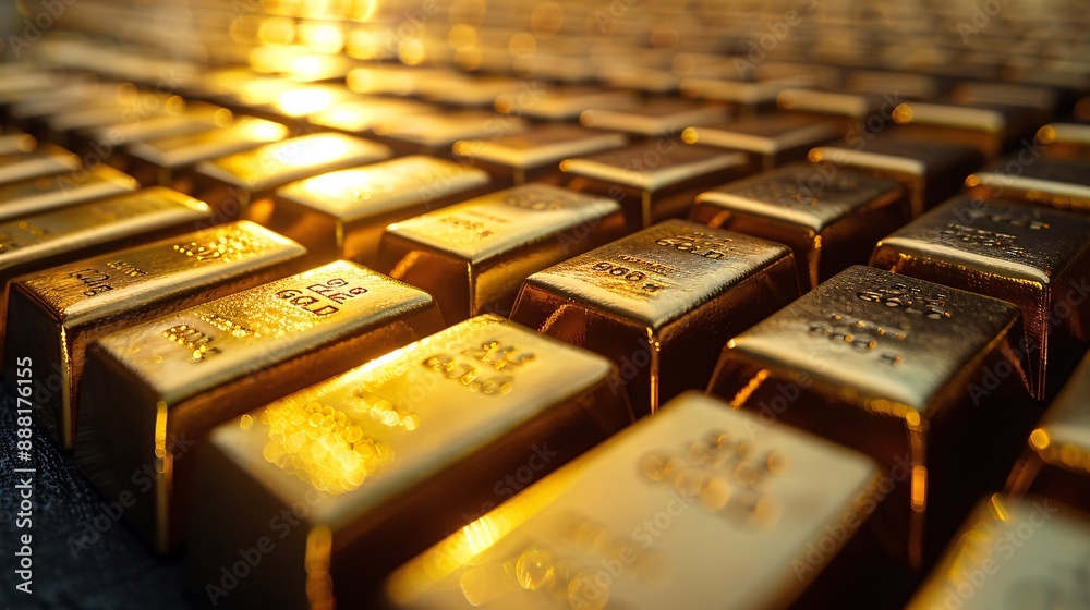 A detailed shot of gold bars arranged in a neat row, reflecting light and creating a sense of luxury and authority against a black surface A detailed shot of gold bars arranged in a neat row, reflecting light and creating a sense of luxury and authority against a black surface