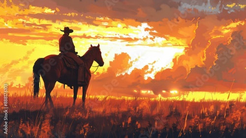 Western landscape with silhouette of a lonely cowboy riding a horse in beautiful midwest scenery, Generative AI.