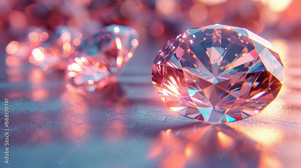 A close-up shot of a single pink diamond on a table surrounded by several other pink diamonds A close-up shot of a single pink diamond on a table surrounded by several other pink diamonds