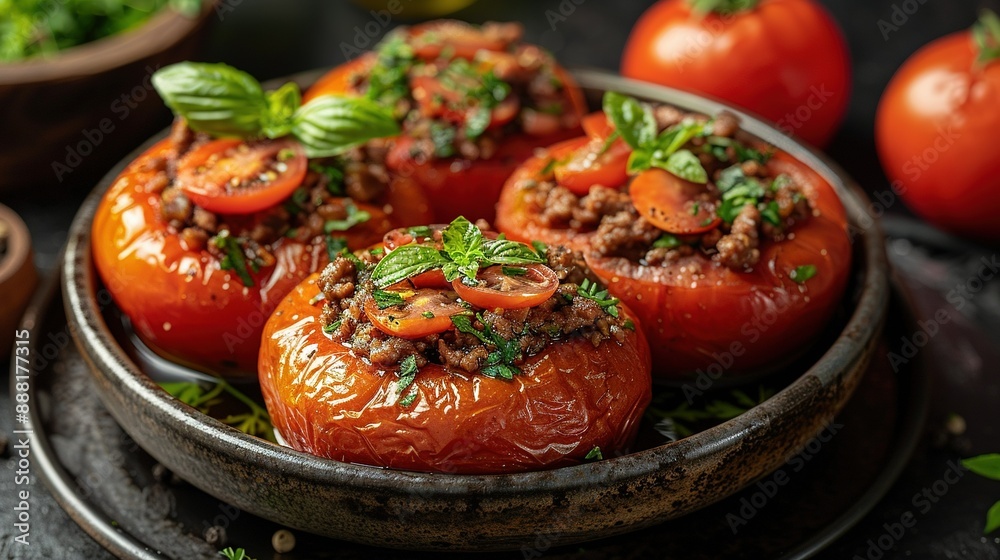 A macro shot of a platter featuring juicy tomatoes alongside various other mouth-watering dishes, set against an array of surrounding cuisine A macro shot of a platter featuring juicy tomatoes alongside various other mouth-watering dishes, set against an array of surrounding cuisine