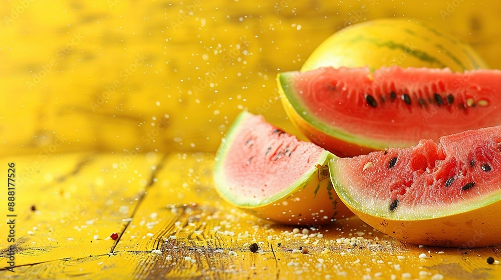 A pair of watermelons resting atop a wooden table alongside a watermelon slice A pair of watermelons resting atop a wooden table alongside a watermelon slice
