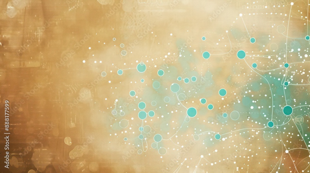 Obraz premium qua blue dots connected by pale turquoise lines on a warm brown canvas, text focus area in the upper right