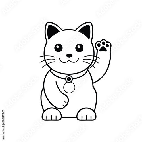 Charming waving cat line art vector icon, perfect for cute and playful design projects.