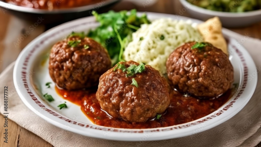 Delicious meatballs in a rich tomato sauce served with fluffy rice and fresh greens Delicious meatballs in a rich tomato sauce served with fluffy rice and fresh greens