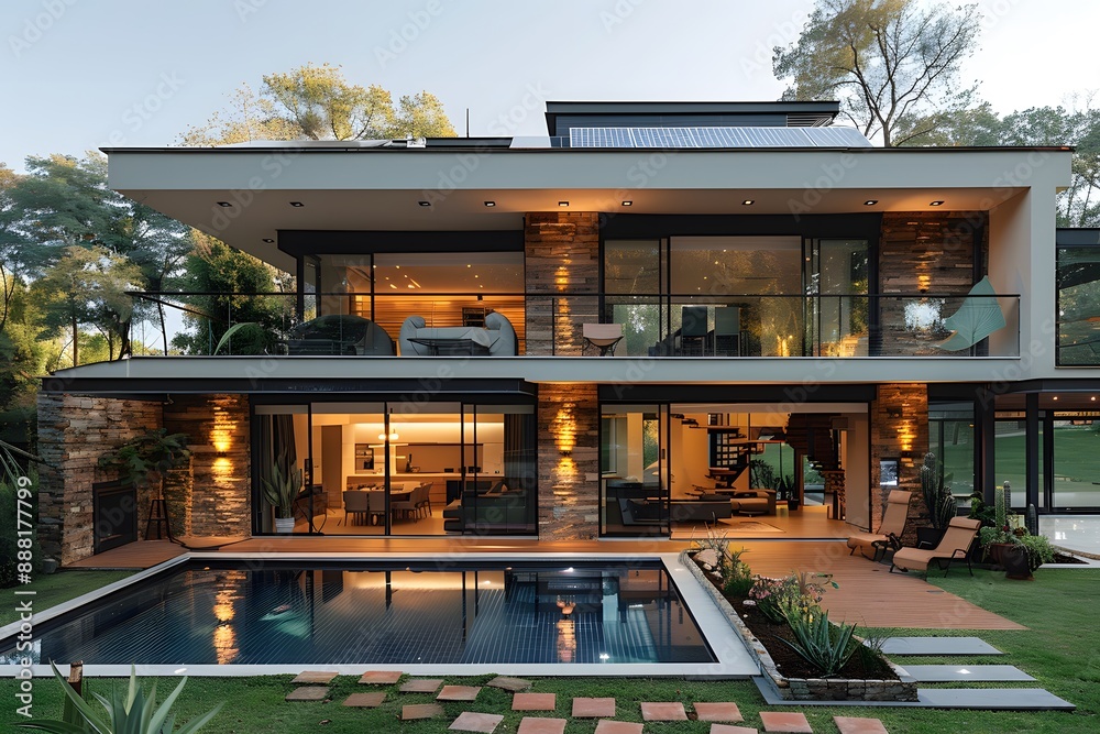 Fototapeta premium Solar panels on the roof of a beautiful modern home,villa,technology, energy, green energy, electricity, alternative energy