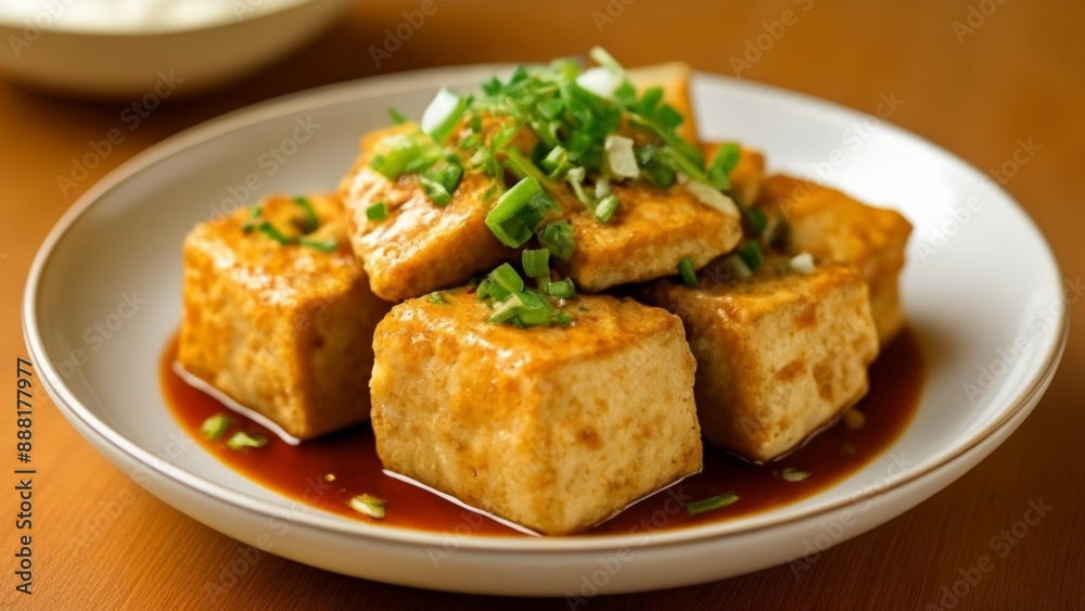 Deliciously seasoned tofu cubes in a savory sauce Deliciously seasoned tofu cubes in a savory sauce