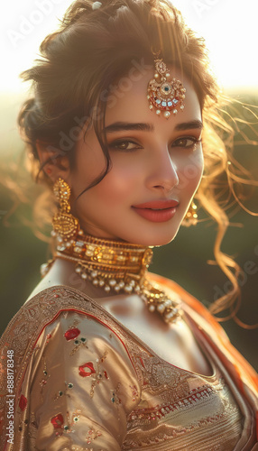 young beautiful indian woman wearing gold jwelery photo