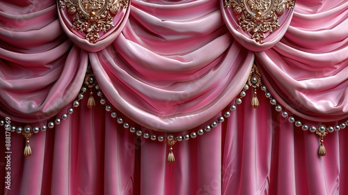   A zoom-in of a pink fabric drape adorned with a golden face mask suspended above it, and beaded strands dangling below photo