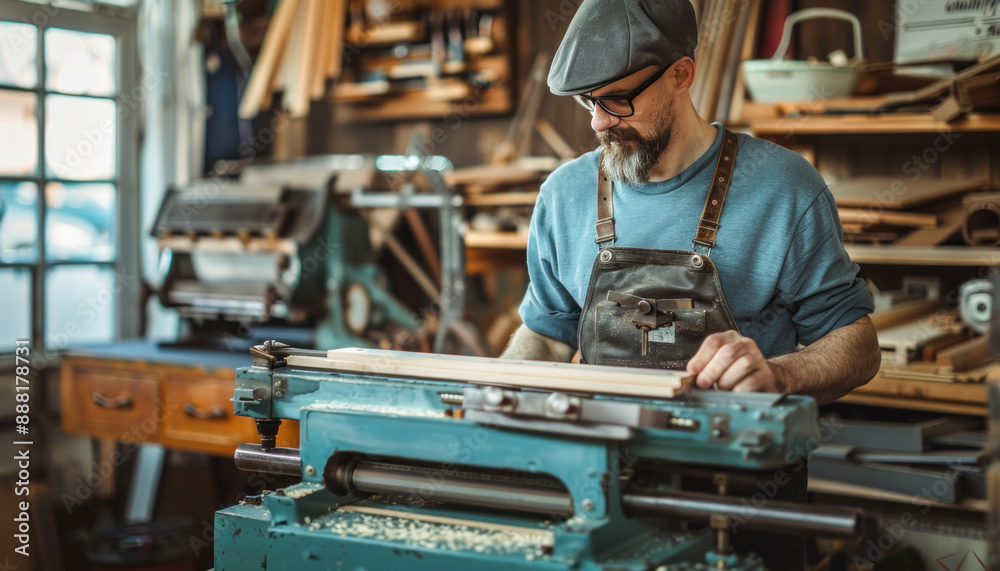A man is working on a machine in a workshop, likely for woodworking or metalworking A man is working on a machine in a workshop, likely for woodworking or metalworking