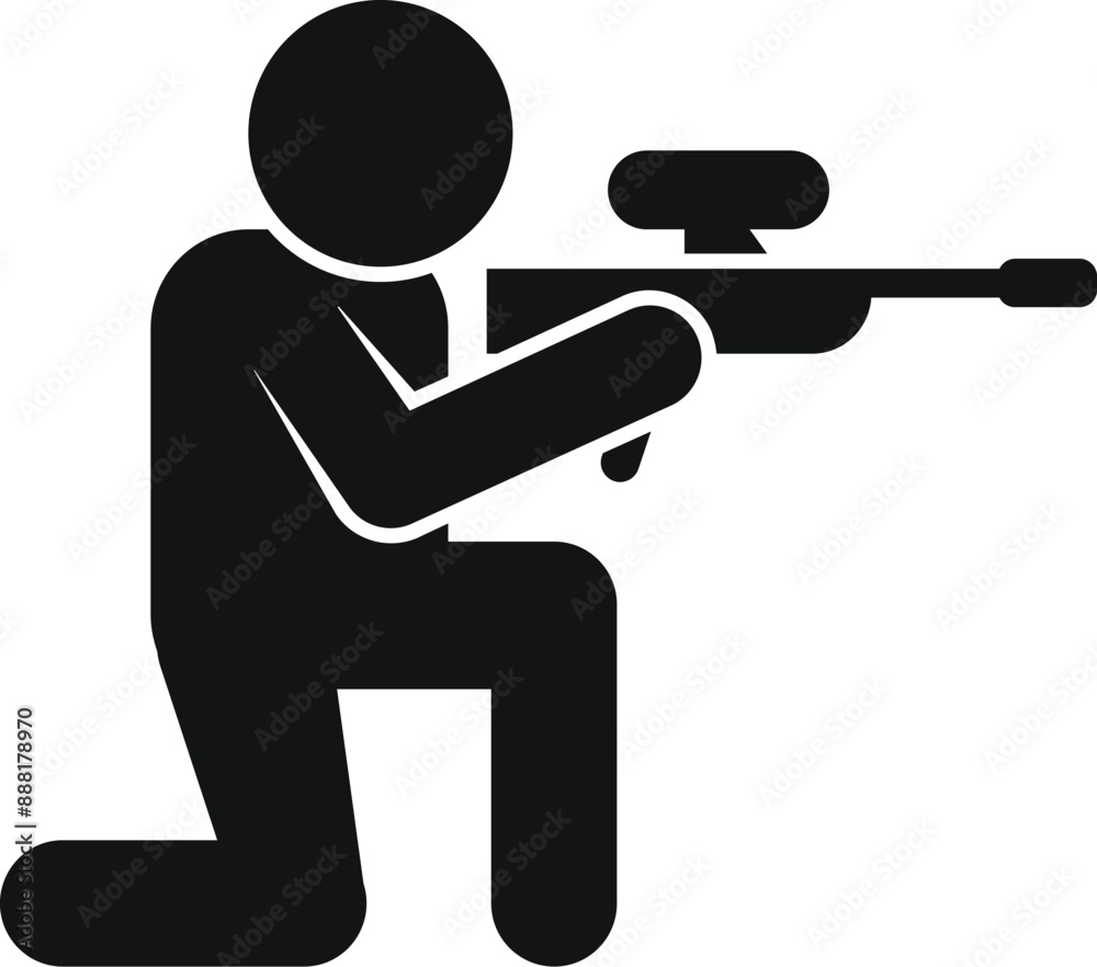 Black silhouette icon of a paintball player kneeling and aiming with his marker gun Black silhouette icon of a paintball player kneeling and aiming with his marker gun