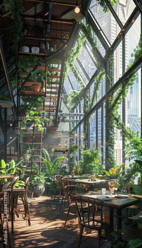 Fototapeta premium Urban Greenhouse Café with Lush Plants and Panoramic Cityscape View for Relaxation and Inspiration