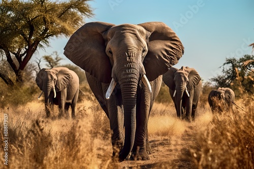 Herd of elephants in their natural habitat at sunset.