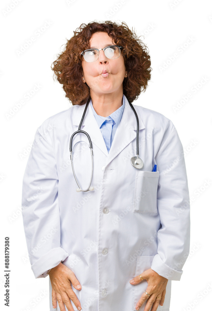 Middle ager senior doctor woman over isolated background making fish face with lips, crazy and comical gesture. Funny expression.