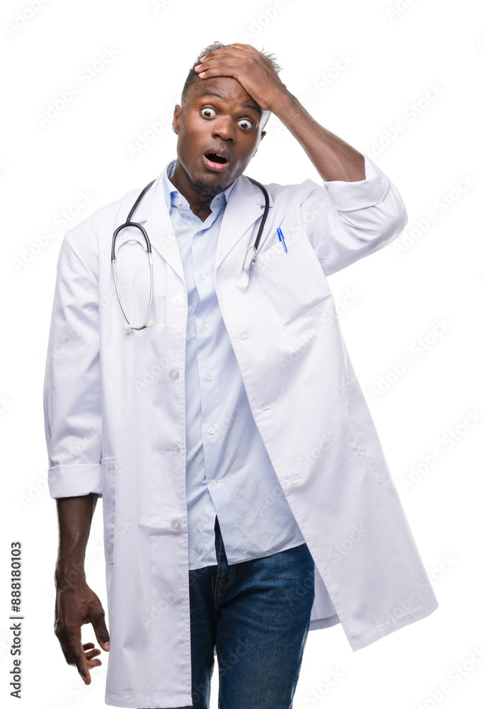 Young african american man wearing doctor coat stressed with hand on head, shocked with shame and surprise face, angry and frustrated. Fear and upset for mistake. Young african american man wearing doctor coat stressed with hand on head, shocked with shame and surprise face, angry and frustrated. Fear and upset for mistake.