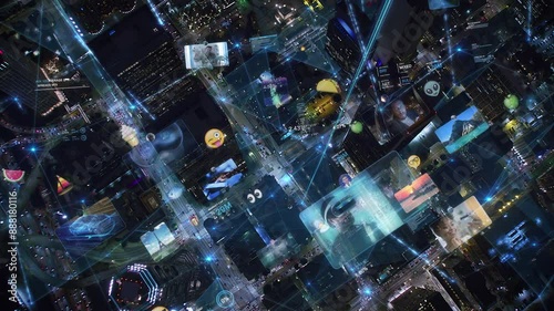 Aerial Overhead view of Modern cityscape at Night with Connections, Emoji and Several Screens. People using Technology and Famous Places. Social Network Application Platform. Influencers. AR.