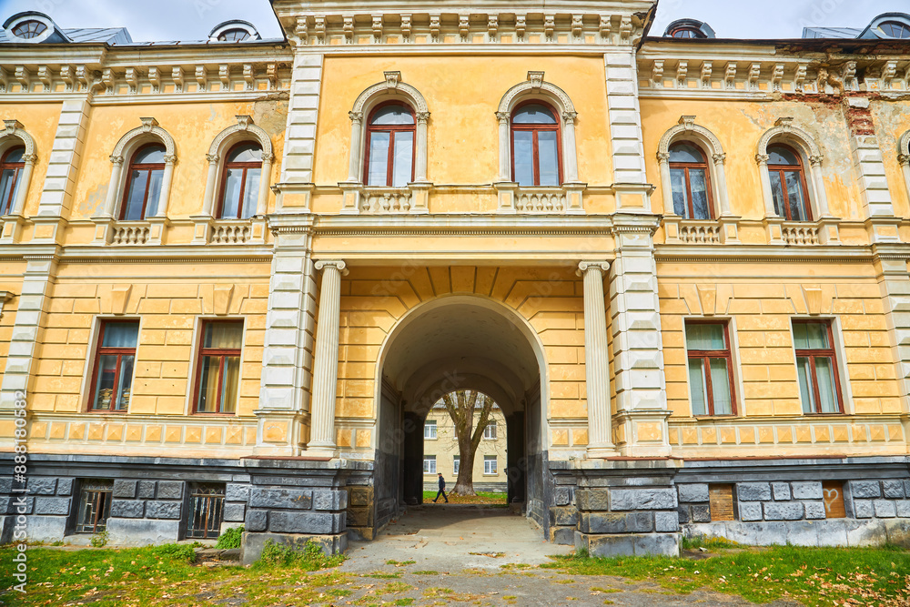 Skole, Ukraine - Oktober 18, 2021: Aerial view to baron Groedl neo baroque style Skole, Ukraine - Oktober 18, 2021: Aerial view to baron Groedl neo baroque style