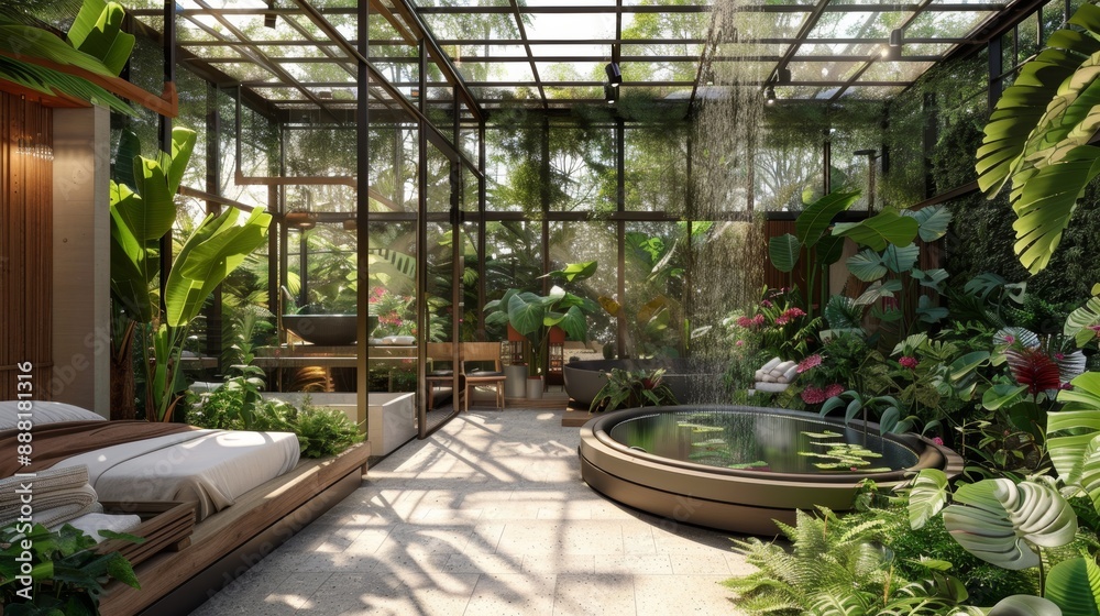Luxurious Greenhouse Spa with Hot Tubs and Plants for a Calming Wellness Experience Luxurious Greenhouse Spa with Hot Tubs and Plants for a Calming Wellness Experience