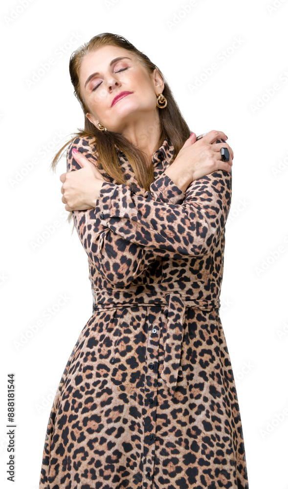 Beautiful middle age mature rich woman wearing leopard dress over isolated background Hugging oneself happy and positive, smiling confident. Self love and self care Beautiful middle age mature rich woman wearing leopard dress over isolated background Hugging oneself happy and positive, smiling confident. Self love and self care