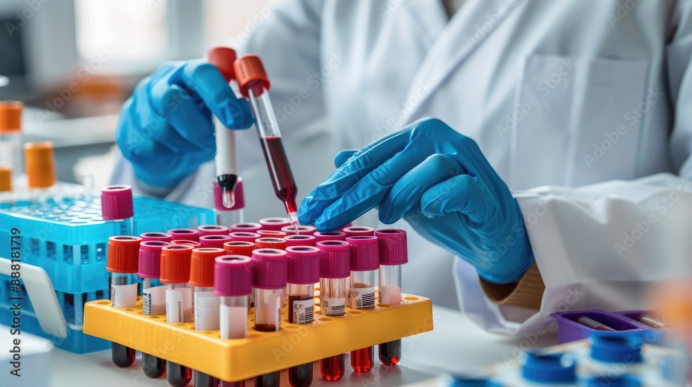 A laboratory technician analyzing blood samples A laboratory technician analyzing blood samples