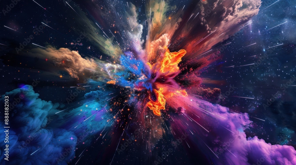 A vibrant explosion set against a somber space theme A vibrant explosion set against a somber space theme