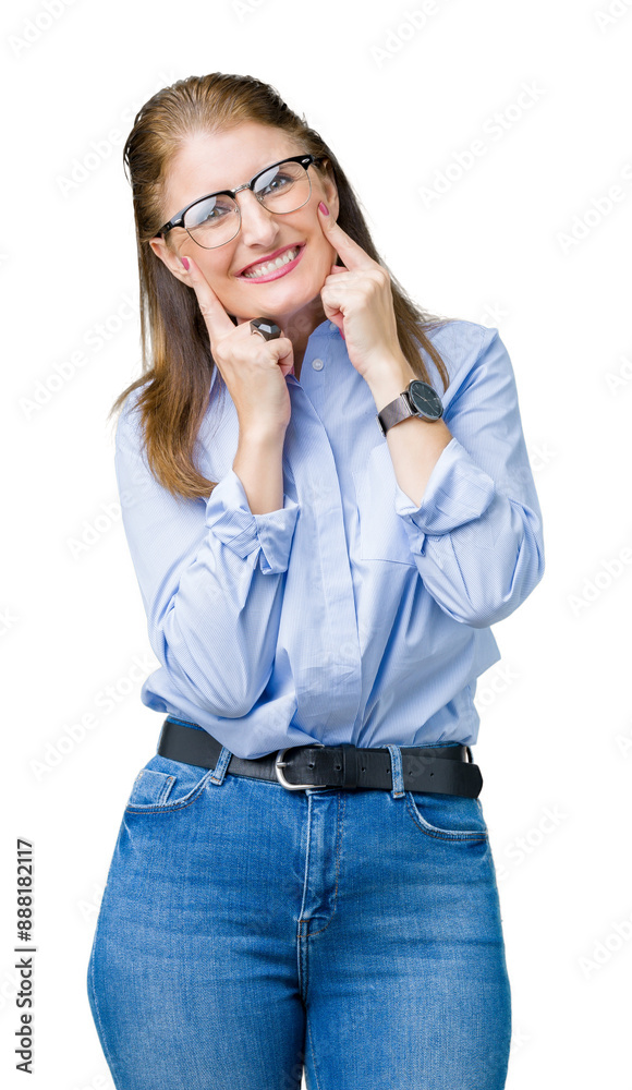 Beautiful middle age mature business woman wearing glasses over isolated background Smiling with open mouth, fingers pointing and forcing cheerful smile Beautiful middle age mature business woman wearing glasses over isolated background Smiling with open mouth, fingers pointing and forcing cheerful smile