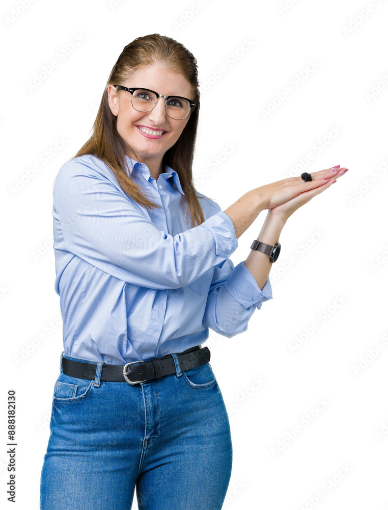Beautiful middle age mature business woman wearing glasses over isolated background Clapping and applauding happy and joyful, smiling proud hands together Beautiful middle age mature business woman wearing glasses over isolated background Clapping and applauding happy and joyful, smiling proud hands together
