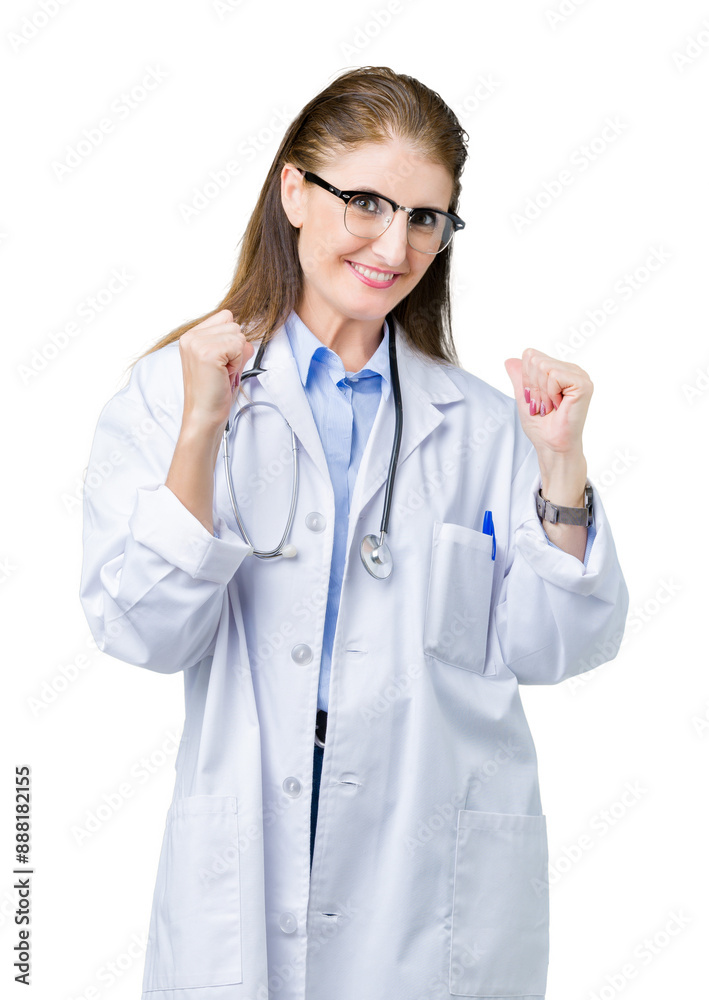Middle age mature doctor woman wearing medical coat over isolated background looking confident with smile on face, pointing oneself with fingers proud and happy. Middle age mature doctor woman wearing medical coat over isolated background looking confident with smile on face, pointing oneself with fingers proud and happy.
