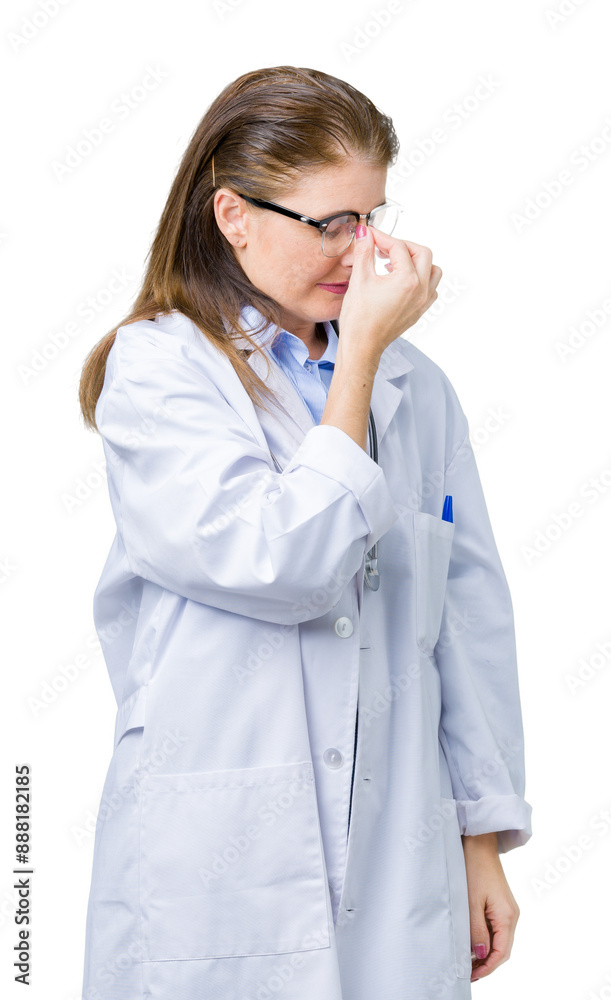 Middle age mature doctor woman wearing medical coat over isolated background tired rubbing nose and eyes feeling fatigue and headache. Stress and frustration concept. Middle age mature doctor woman wearing medical coat over isolated background tired rubbing nose and eyes feeling fatigue and headache. Stress and frustration concept.