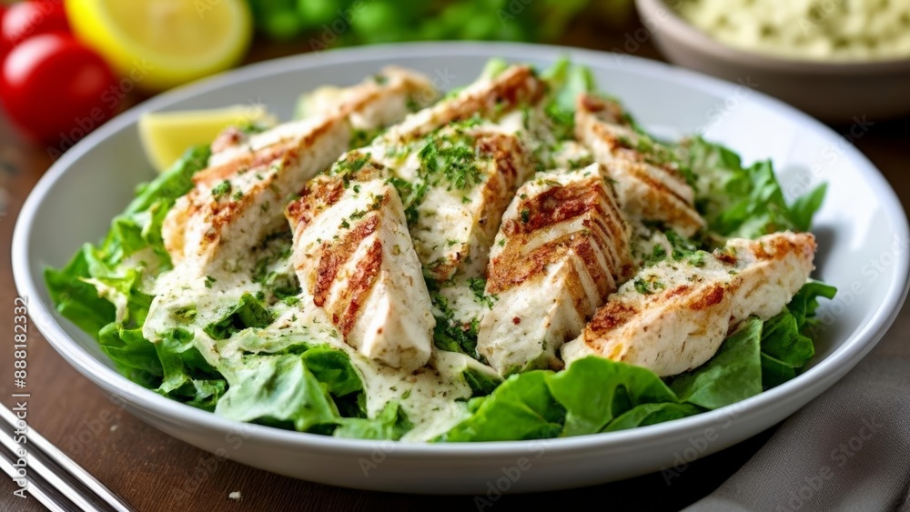 Freshly grilled chicken breast on a bed of crisp lettuce ready to be savored Freshly grilled chicken breast on a bed of crisp lettuce ready to be savored