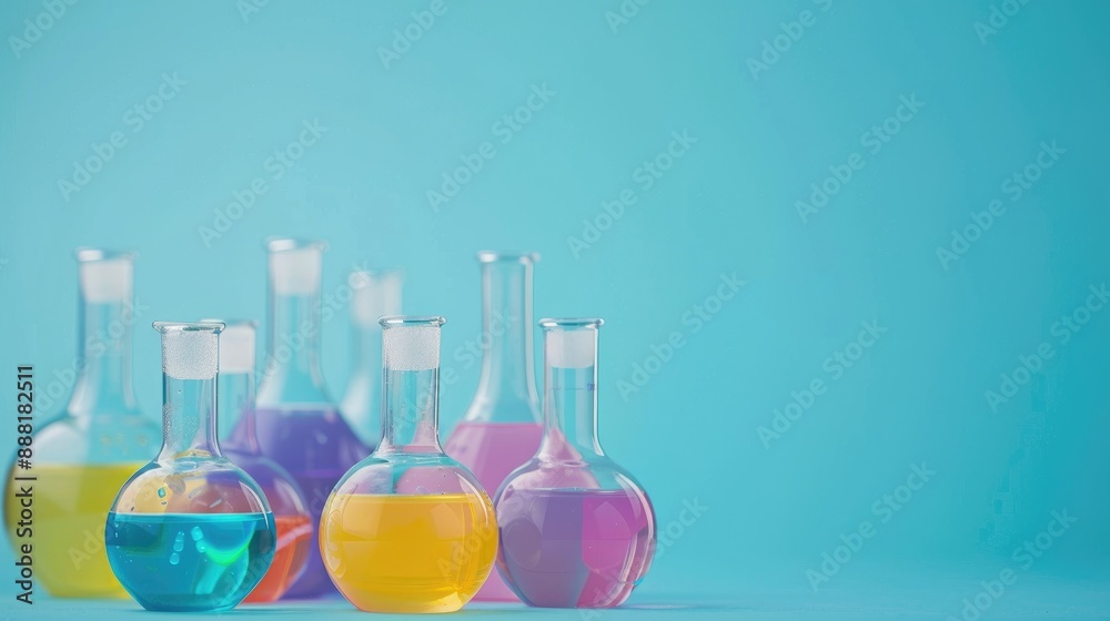 Medical and chemical experiments Glass flasks with colorful solutions on blue background close up Medical and chemical experiments Glass flasks with colorful solutions on blue background close up
