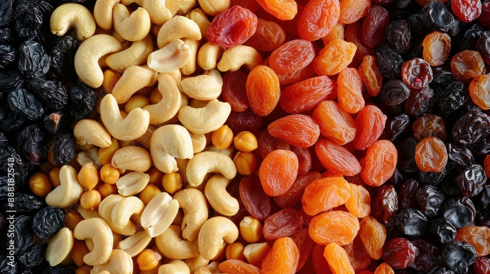 A variety of dried fruits and nuts that are great for a healthy snack, such as raisins, cashews, hazelnuts, peanuts, dried apricots, and viburnum berries. A variety of dried fruits and nuts that are great for a healthy snack, such as raisins, cashews, hazelnuts, peanuts, dried apricots, and viburnum berries.