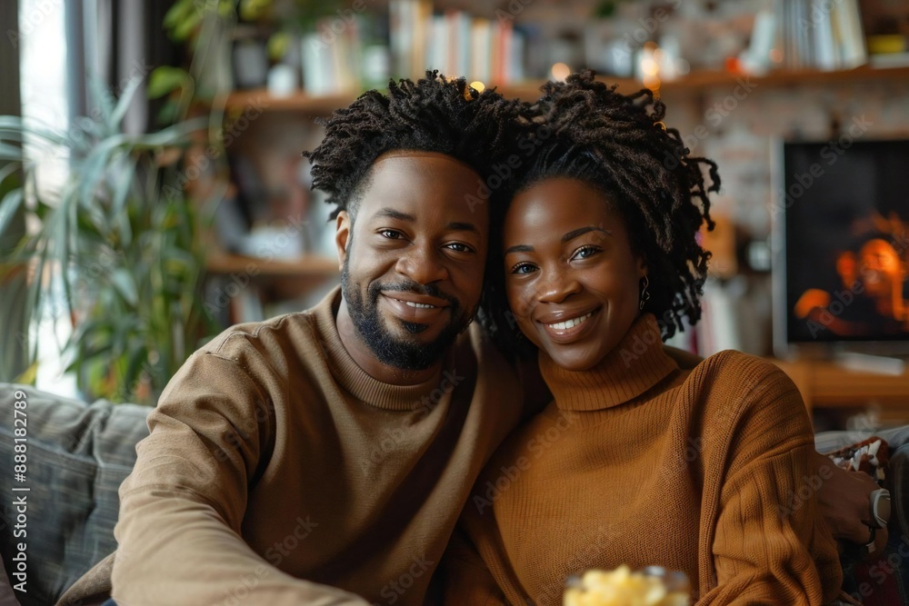 happy African American couple enjoying a movie night at home, cuddled up on the sofa with snacks while watching television. happy African American couple enjoying a movie night at home, cuddled up on the sofa with snacks while watching television.
