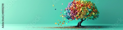 stunning 3D tree with book-leaves each one detailed and colorful standing tall on solid mint green background. The tree symbolizes the power of literacy and education.