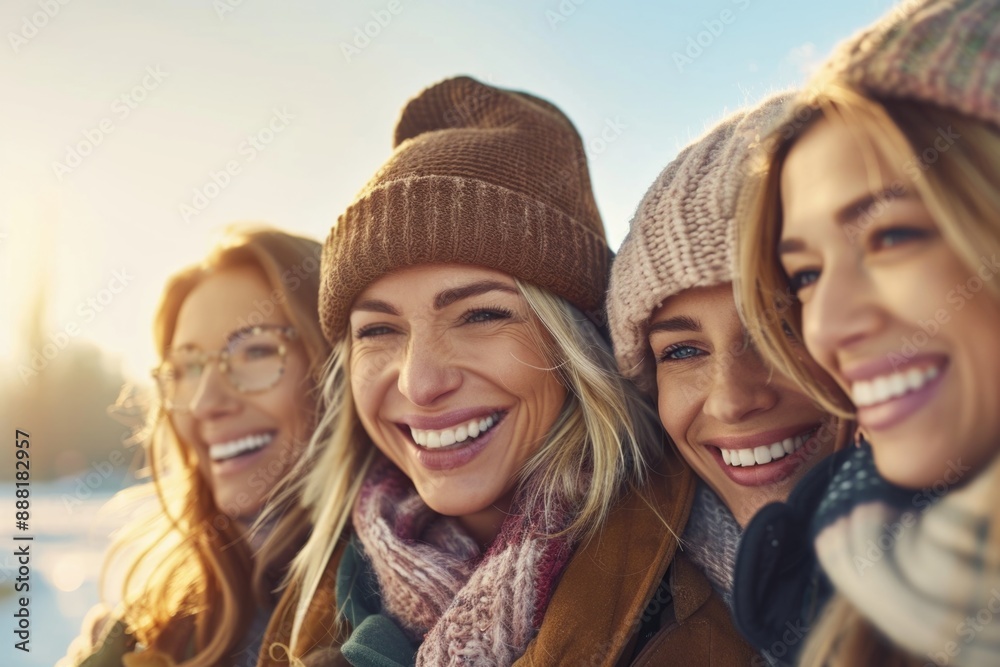 Four women, bundled in winter attire, share warm smiles and laughter as the sun shines brightly behind them Four women, bundled in winter attire, share warm smiles and laughter as the sun shines brightly behind them