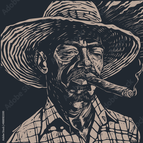 A detailed portrait of a man smoking a cigar, wearing a hat, depicted in an engraving style, vector illustration.