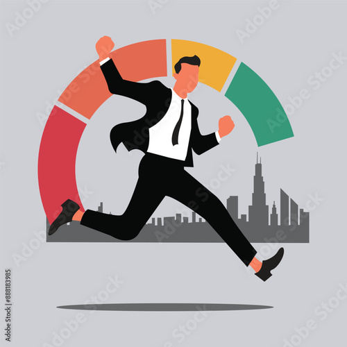 a happy businessman in a suit runs towards the center of a stylized pie chart target, cityscape silhouette in the background. vector art