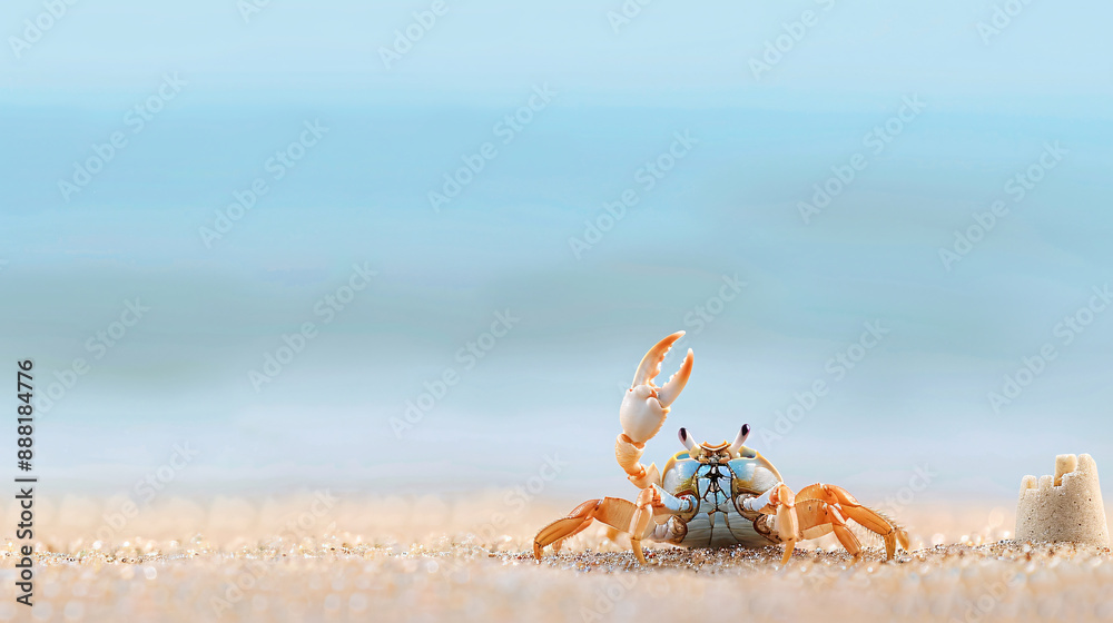 A crab is standing on a sandy beach with the ocean in the background. The crab is holding its claws up in the air, as if it is posing for a picture. The scene is peaceful and serene A crab is standing on a sandy beach with the ocean in the background. The crab is holding its claws up in the air, as if it is posing for a picture. The scene is peaceful and serene