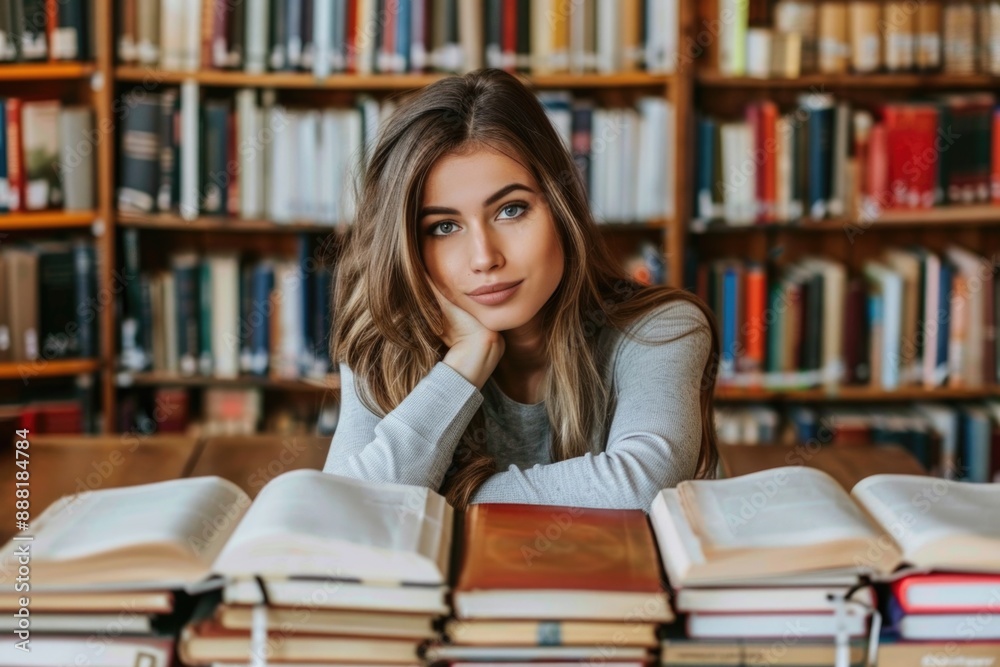 A young woman rests her chin on her hand, contemplating a stack of books in a quiet library A young woman rests her chin on her hand, contemplating a stack of books in a quiet library