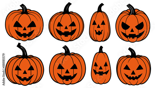 Set of halloween pumpkins isolated on a transparent or white background, vector illustration